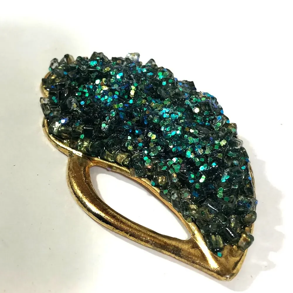 Green Glass Glitter Brooch Gold Tone Large Statement Vintage Retro Sparkle